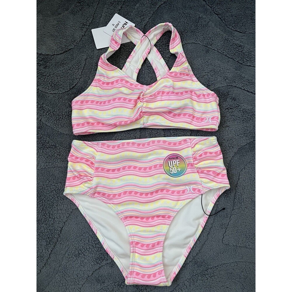 New Girls 2 Piece Hurley Pink And Yellow Swimsuit Size 12